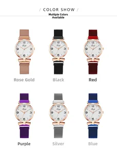 Close-up of stylish Milanese magnetic strap quartz watches in six different vibrant colors