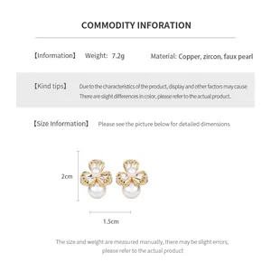 Size chart showing 2cm flower earrings with zircons and pearls on copper base