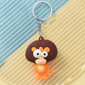 Detailed close-up of cartoon lion keychain with large eyes and soft silicone texture