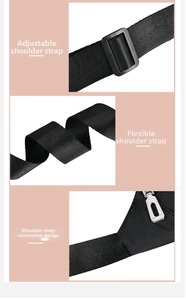 Detail of adjustable nylon shoulder strap with plastic buckle and metal zipper on black bag