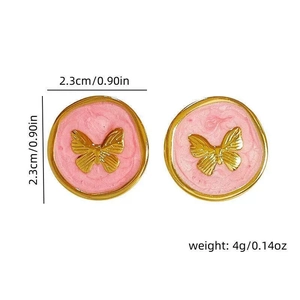 Detailed size view of round enamel butterfly earrings showing 2.3cm diameter and 4g weight