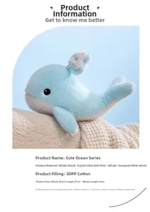 Detail of soft blue whale plush with 3D PP cotton filling on a white knit surface