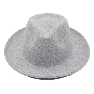 Close-up of the grey wool felt fedora showing textured finish and stylish classic dented crown
