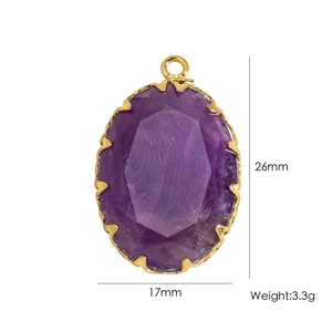 Macro view of purple oval faceted stone pendant with gold stainless steel bezel and size specs