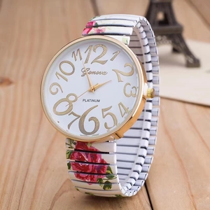 Women's floral quartz watch with pink rose stretch metal band and gold round dial