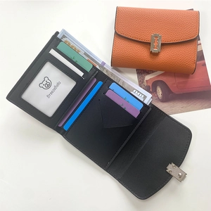 Women's Folding Wallet PU Leather Pebble Grain Compact Multi Card Slots Holder With Metal Blade Clasp Korean Style