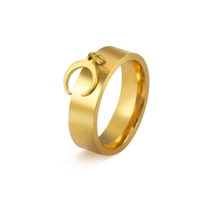 Polished 6mm gold stainless steel ring featuring a hanging crescent moon pendant charm