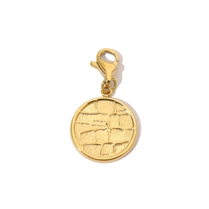 Detailed top view of a gold round pendant with crocodile texture and lobster clasp