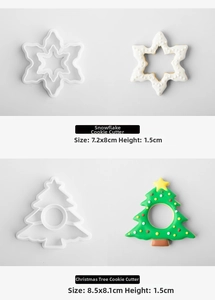 Detailed view of snowflake and Christmas tree cookie molds with size specifications