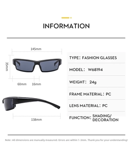 Size chart for Y2K outdoor cycling sunglasses with dimensions and PC material specs