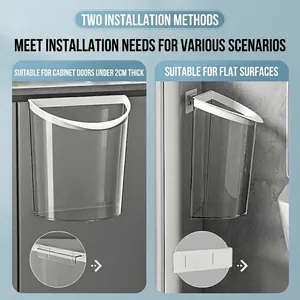 Wall-mounted transparent trash bin for kitchen cabinets with hook and adhesive installation