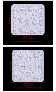 Detail view of 0.4cm thick silicone earring molds with Christmas tree and reindeer shapes