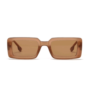 Detailed front view of retro rectangular sunglasses in translucent tea brown finish