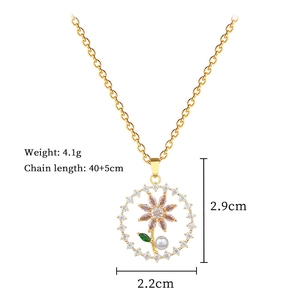 Detail of floral pendant necklace with pearls and crystals showing size and weight specs