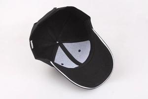 Inside view of black baseball cap showing six-panel stitching and white reinforced lining