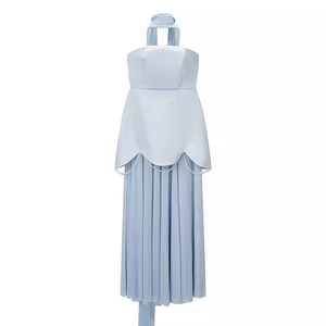 Detail of light blue satin halter dress with pearl beads and pleated chiffon skirt