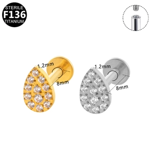 Sterile F136 titanium teardrop labret stud with zircon stones in gold and silver