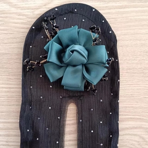Elegant dark green ribbon flower hair tie with black beads and sparkling sequins decor