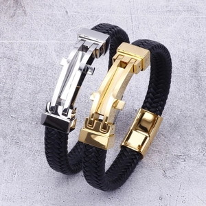 Men's braided leather bracelet with geometric stainless steel clasps in gold and silver