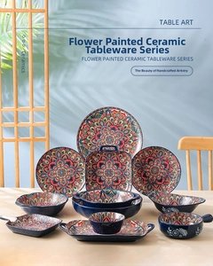Detailed view of bohemian mandala style ceramic dinnerware set with floral patterns