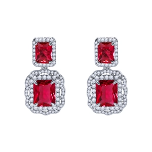 Elegant red faux crystal drop earrings with square cut stones and silver halo setting