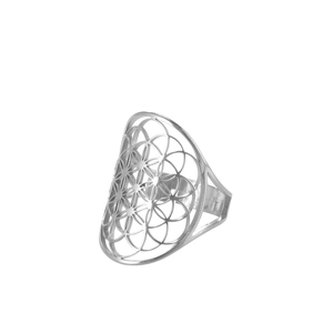 Hollow flower pattern silver metal ring with minimalist geometric design on white background