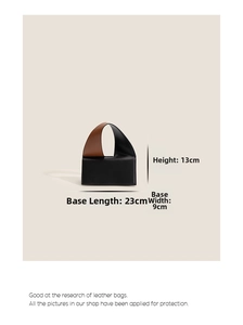 Detail view of contrast color crossbody bag showing dimensions 23cm length and 13cm height
