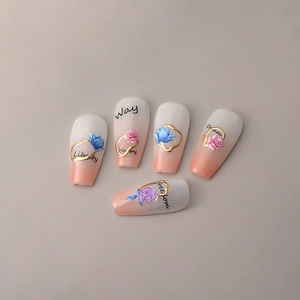 Blue and purple 3D floral embossed press-on nails with gold accents and freedom text