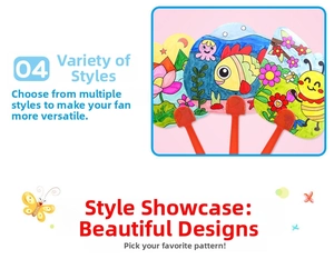 Detail of DIY cartoon coloring fans for kids featuring diverse patterns like fish and sunflower
