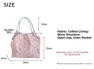 Size guide for large pink plaid tote bag showing dimensions and A4 capacity reference
