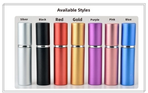 Detail view of 5ml portable matte aluminum perfume spray bottles in seven vivid metallic colors