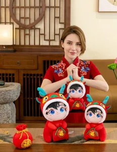 Asian woman presenting Chinese New Year dragon plush dolls in festive red color