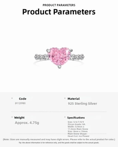 Detailed specifications of S925 sterling silver ring with pink heart cubic zirconia