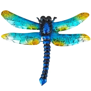 Detail of metal dragonfly wall decor showing blue and yellow gradient wings on white background