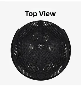 Top view of the breathable hollow mesh structure on a black docker hat with stitching detail