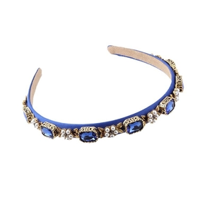 Baroque style royal blue headband with gold settings, square blue crystals and pearls