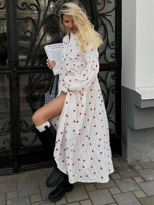 Robe Longue En Coton Pour Femme Imprimé Coeur Manches Lanternes Longues Col Montant Boutonnée Vintage Décontractée