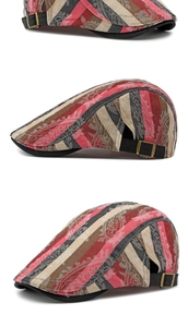 Detailed views of striped cotton beret showing the adjustable metal side buckle closure