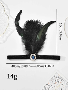 Detail of 1920s vintage feather headband with blue gemstone and dimensions marking