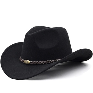 Chapeau De Cowboy Occidental Feutre De Laine Bord Large Avec Bande Tressée Tête De Taureau Métal Rétro Équitation Extérieure Hommes Femmes
