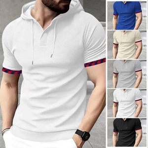 Men Short Sleeve Hooded T-Shirt Waffle Knit Fabric Plaid Trim Cuffs Casual Breathable Sporty Drawstring Hoodie Top