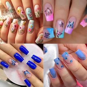 Press On Nails Artificial False Nail Tips ABS Plastic Butterfly Flower French Style Medium Long Square Shape Manicure For Women