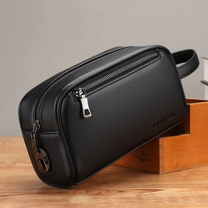 Black leather business clutch bag with lychee pattern and security combination lock