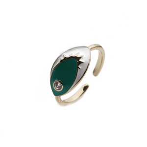 Minimalist open ring featuring a green and white evil eye design in gold plating