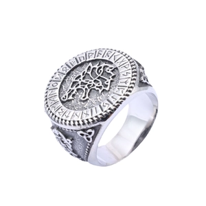 Silver Viking Wolf ring with Elder Futhark runes and Fenrir totem in retro stainless steel