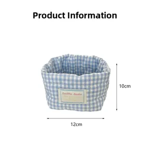 Detailed blue and white checkered fabric storage basket with 12cm x 10cm dimensions