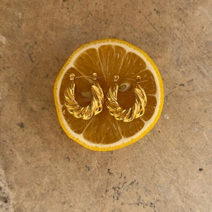 Detailed macro shot of golden twisted hoop earrings placed on a fresh orange slice