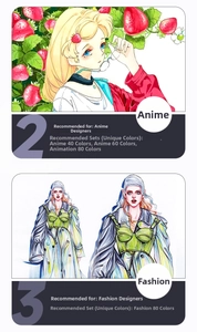 Marker set selection guide with anime and fashion design sketches for 40-80 color kits