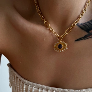 18k gold plated stainless steel chunky chain necklace with purple evil eye zircon pendant