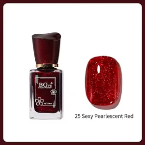 Macro shot of shimmering pearl red nail polish bottle with matching color swatch display